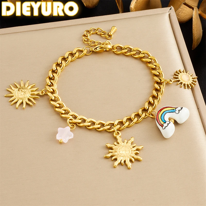 DIEYURO Нержавеющая сталь 316L Золотой солнечный узор Радуга Розовый Кристалл Яркая звезда Браслет Леди Тенденция Классическая цепочка на запястье Ювелирные изделия
DIEYURO Нержавеющая сталь 316L Золотой солнечный узор Радуга Розовый Кристалл Яркая звезда Браслет Леди Тенденция Классическая цепочка на запястье Ювелирные изделия