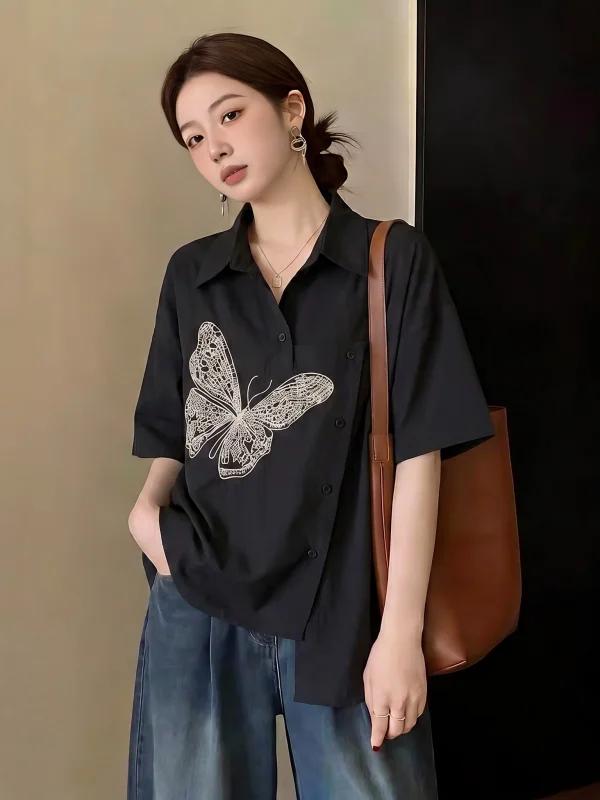 Elegant Anti-Aging Embroidery Shoulder Shirt Women's Summer New plus Size Irregular Top Korean Style Loose Fit
Elegant Anti-Aging Embroidery Shoulder Shirt Women's Summer New plus Size Irregular Top Korean Style Loose Fit