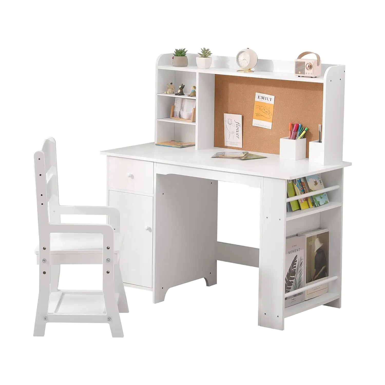 Kids Desk, Study Desk and Chair Set for Boys and Girl, Wooden Kids Writing Table with Bookshelf, Bulletin Board, Cabinet and Dra
Kids Desk, Study Desk and Chair Set for Boys and Girl, Wooden Kids Writing Table with Bookshelf, Bulletin Board, Cabinet and Dra