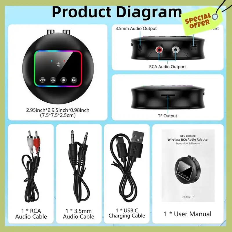 Advanced NFC Bluetooth 5.4 Transmitter Receiver ,Bluetooth RCA Audio Adapter With RGB Light/AUX/RCA/TF For TV/Car/PC/Speakers
Advanced NFC Bluetooth 5.4 Transmitter Receiver ,Bluetooth RCA Audio Adapter With RGB Light/AUX/RCA/TF For TV/Car/PC/Speakers