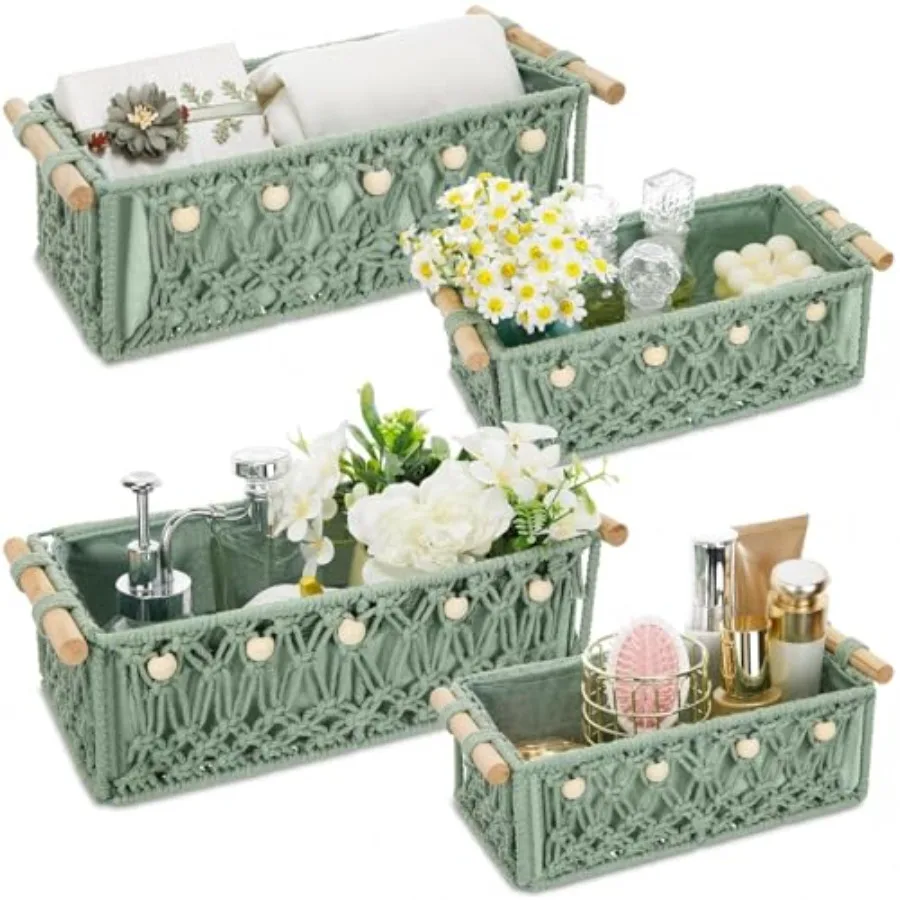 4 Pcs Sage Macrame Storage Basket for Shelves 13" 11" Boho Storage Basket Hand Woven Boxes with Wood Handles Beads Decorative C
4 Pcs Sage Macrame Storage Basket for Shelves 13" 11" Boho Storage Basket Hand Woven Boxes with Wood Handles Beads Decorative C