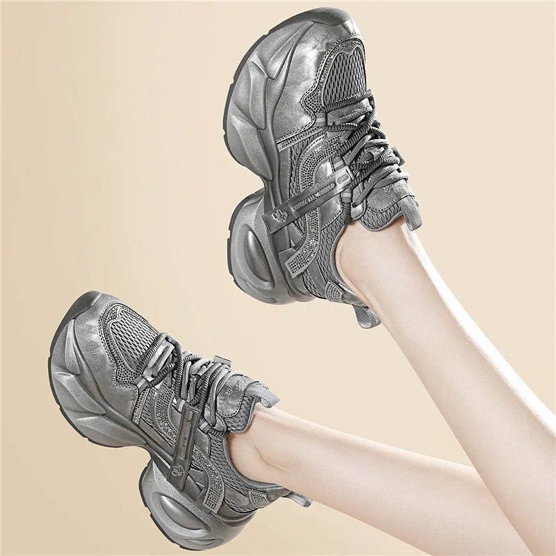 Women's Silver Chunky Sneakers Round Toe Low Top Lace-Up 6-8CM Platform Microfiber Breathable Non-Slip Height Increasing Shoes
Women's Silver Chunky Sneakers Round Toe Low Top Lace-Up 6-8CM Platform Microfiber Breathable Non-Slip Height Increasing Shoes