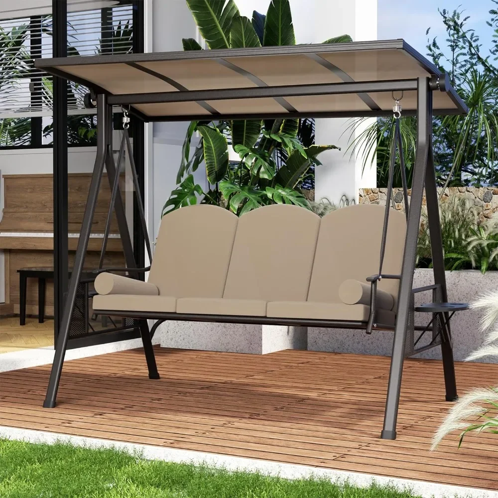 Outdoor Porch Swing 3 Seat with Polycarbonate Hardtop, 2 Side Cup Holder, Convertible Backrest Cushion, 2 Pillows, Outdoor Swing
Outdoor Porch Swing 3 Seat with Polycarbonate Hardtop, 2 Side Cup Holder, Convertible Backrest Cushion, 2 Pillows, Outdoor Swing