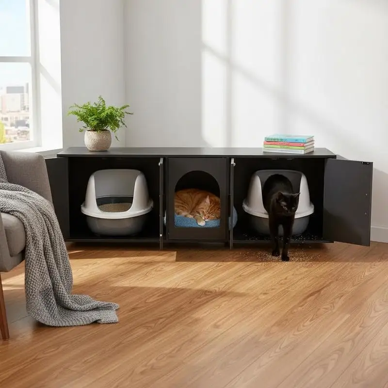 Cat House Cabinet 57.9"L x 18.3"W x 17.9"H For Living Room Bedroom Indoor Pet Area, Double Room Design Wooden Furniture Black Color Large Space Body Multiple Cats Use Hidden Structure Storage Function
Cat House Cabinet 57.9"L x 18.3"W x 17.9"H For Living Room Bedroom Indoor Pet Area, Double Room Design Wooden Furniture Black Color Large Space Body Multiple Cats Use Hidden Structure Storage Function