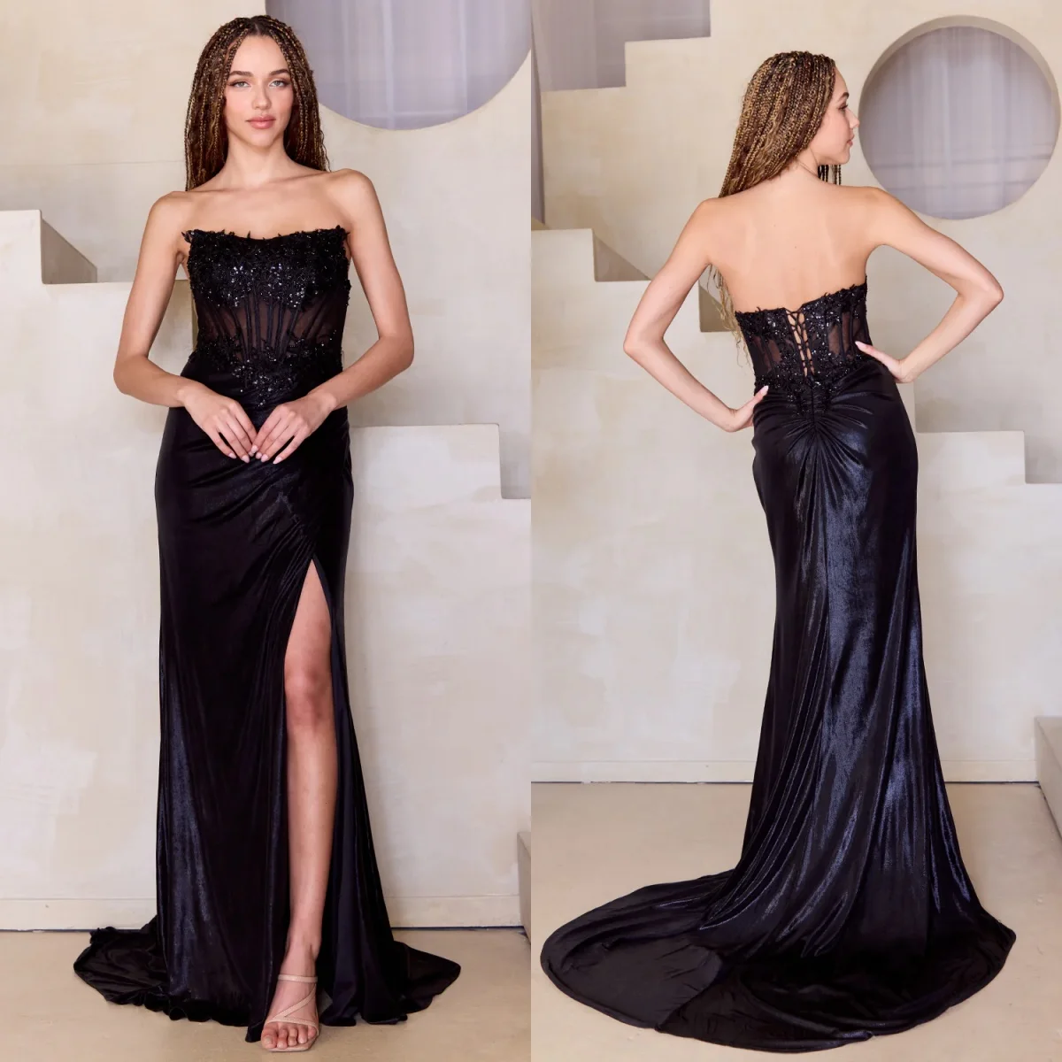 Soft Satin Mermaid Evening Dresses Lace Sequins Sleeveless Women Prom Gowns Side Split Sweep Train Customized Formal Party Gowns
Soft Satin Mermaid Evening Dresses Lace Sequins Sleeveless Women Prom Gowns Side Split Sweep Train Customized Formal Party Gowns