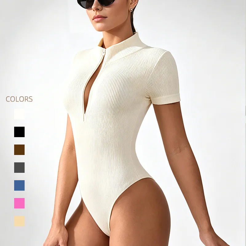 Summer Sport Ribbed Short Sleeve Zipper Onesie Women's Base Layer Outerwear Tight Fit Pant Low Waist Nine Points Polyester
Summer Sport Ribbed Short Sleeve Zipper Onesie Women's Base Layer Outerwear Tight Fit Pant Low Waist Nine Points Polyester