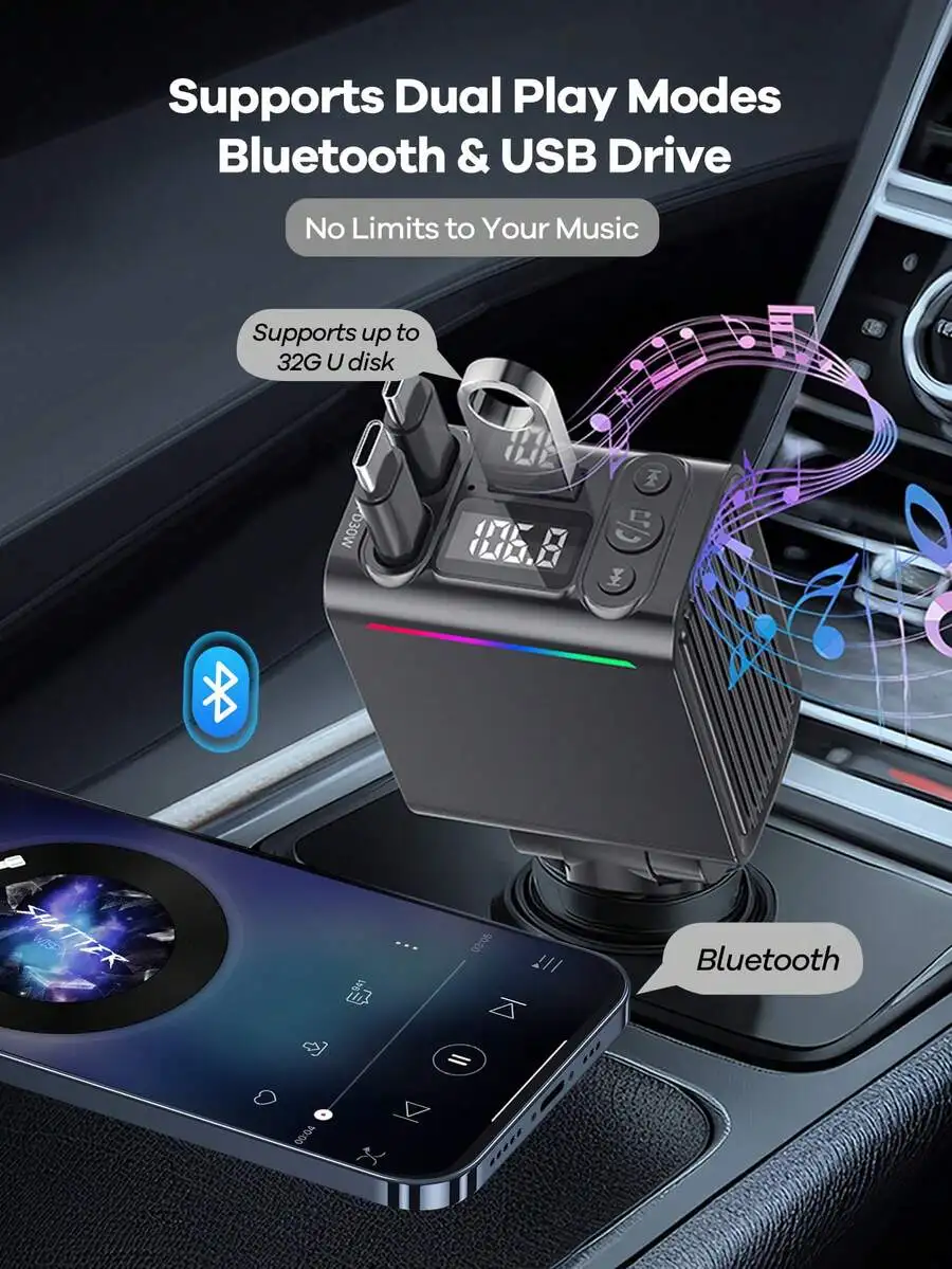 Bluetooth Car Charger With RGB Lights, PD 30W Fast Charging, BT 5.3 Hands-Free Call Music, USB Drive Support
Bluetooth Car Charger With RGB Lights, PD 30W Fast Charging, BT 5.3 Hands-Free Call Music, USB Drive Support