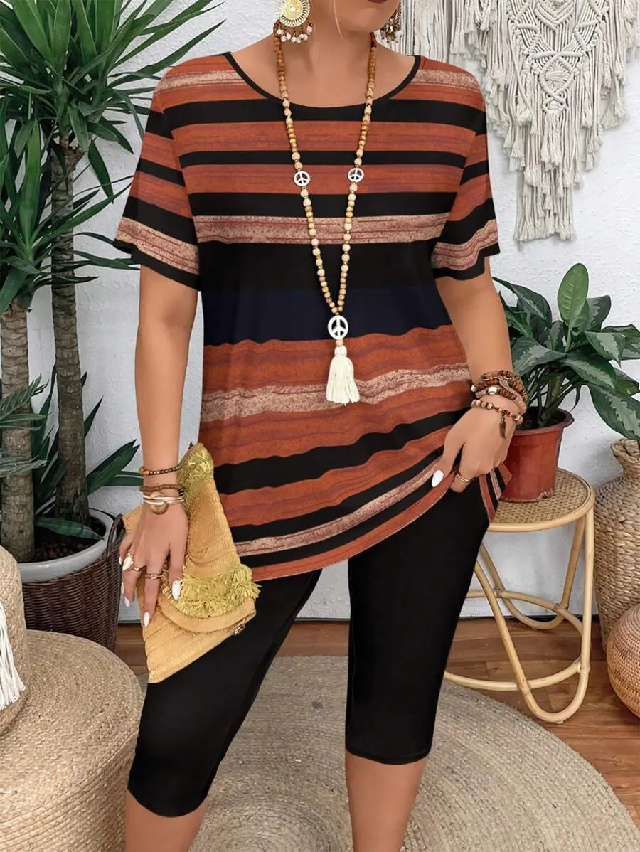 Ladies' Elegant Striped Print Short-Sleeved Round Neck T-Shirt + Pants Two-Piece Set
Ladies' Elegant Striped Print Short-Sleeved Round Neck T-Shirt + Pants Two-Piece Set