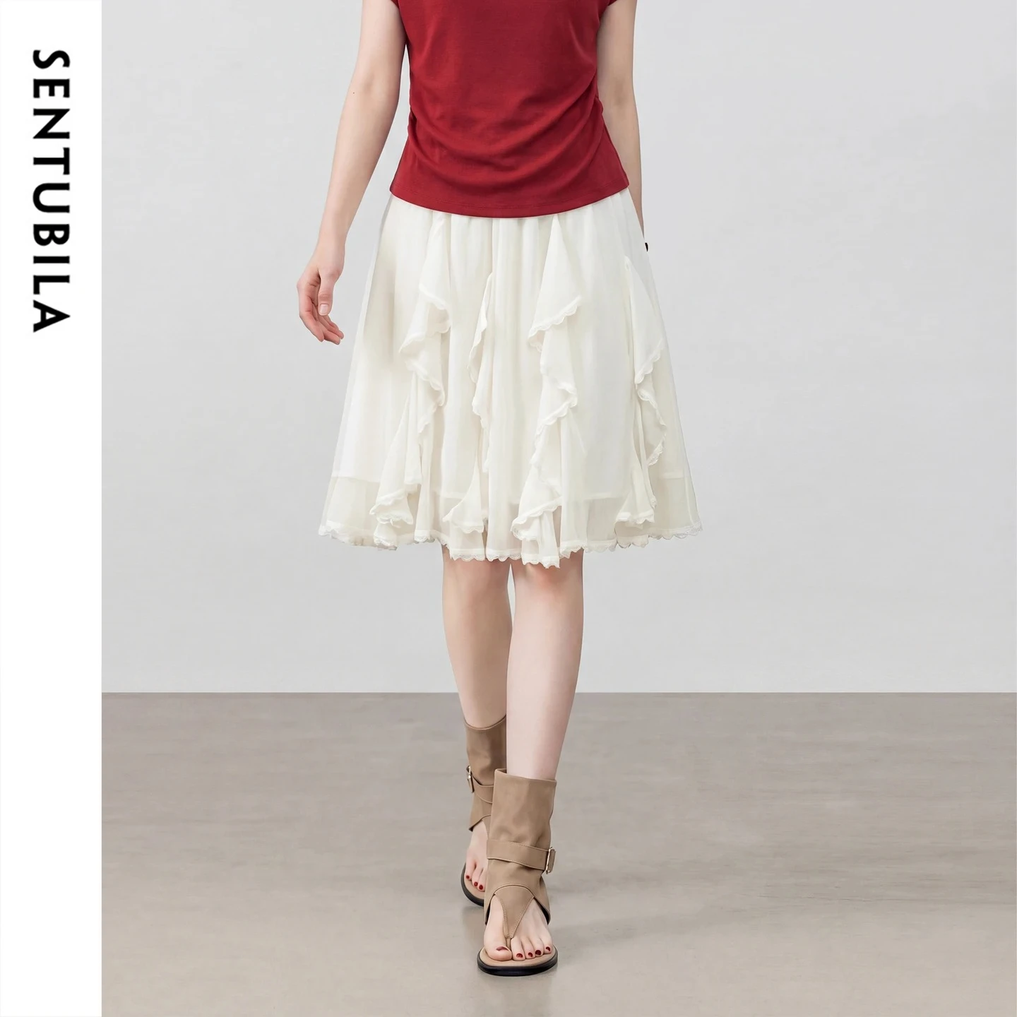 SENTUBILA Casual A-Line Skirt for Women Fashion Lace Ruffle Patch Asymmetrical Hem Design Elastic Waist Short Skirt 162QE7026
SENTUBILA Casual A-Line Skirt for Women Fashion Lace Ruffle Patch Asymmetrical Hem Design Elastic Waist Short Skirt 162QE7026