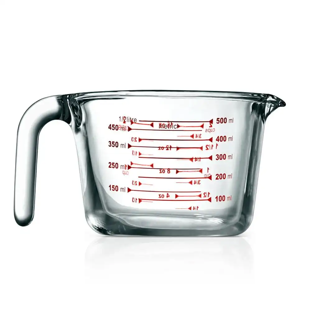 High Borosilicate Glass Measuring Cup with Customized Decal Scale, 500 Ml, (Clear)
High Borosilicate Glass Measuring Cup with Customized Decal Scale, 500 Ml, (Clear)