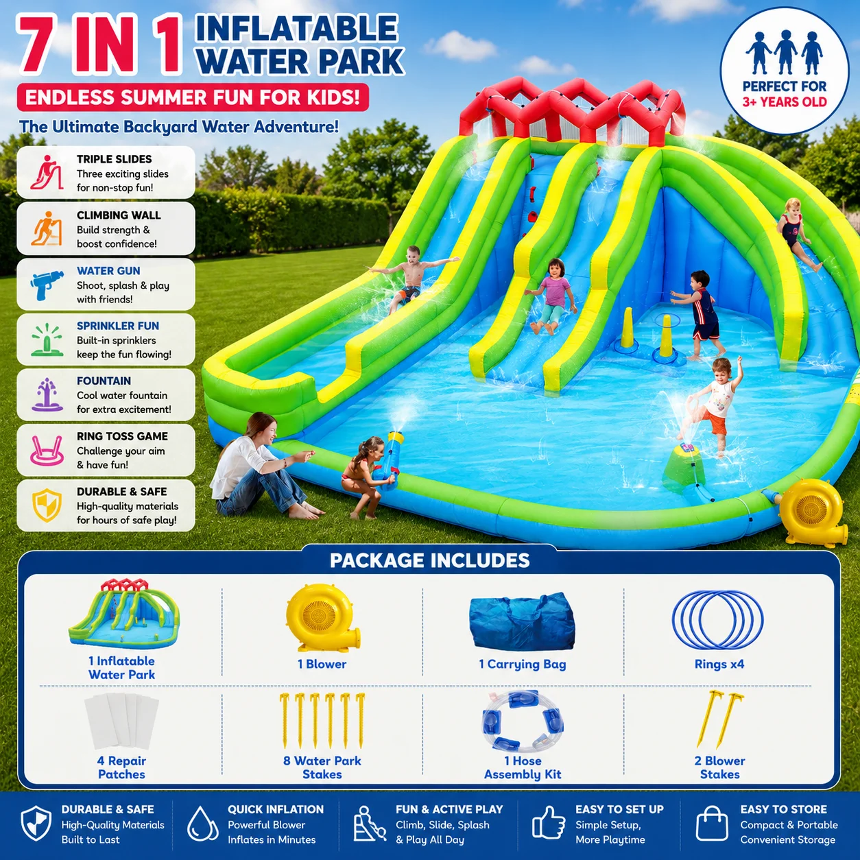 7 in1 Inflatable Water Park Three Slide with Blower Water Gun Sprinkler Fountain Climbing Wall for Children
7 in1 Inflatable Water Park Three Slide with Blower Water Gun Sprinkler Fountain Climbing Wall for Children