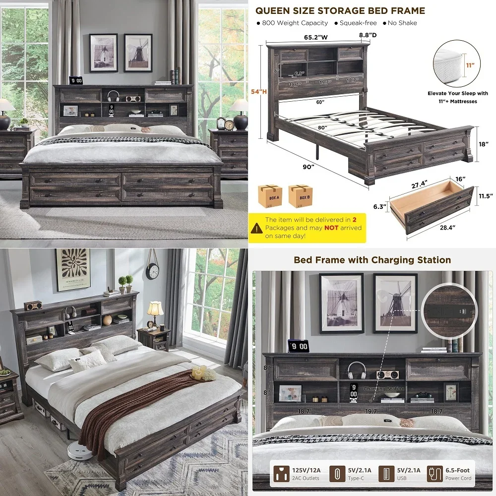 Queen Size Bed Frame with 54 Tall Headboard, Headboard with 4 Storage Rack, 2 Drawers, 18 Roman Column Decoration Footboard, Wo
Queen Size Bed Frame with 54 Tall Headboard, Headboard with 4 Storage Rack, 2 Drawers, 18 Roman Column Decoration Footboard, Wo