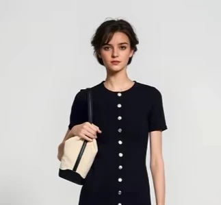 2025 women's new style dress black round neck short sleeves single breasted ruffles evening party dress
2025 women's new style dress black round neck short sleeves single breasted ruffles evening party dress