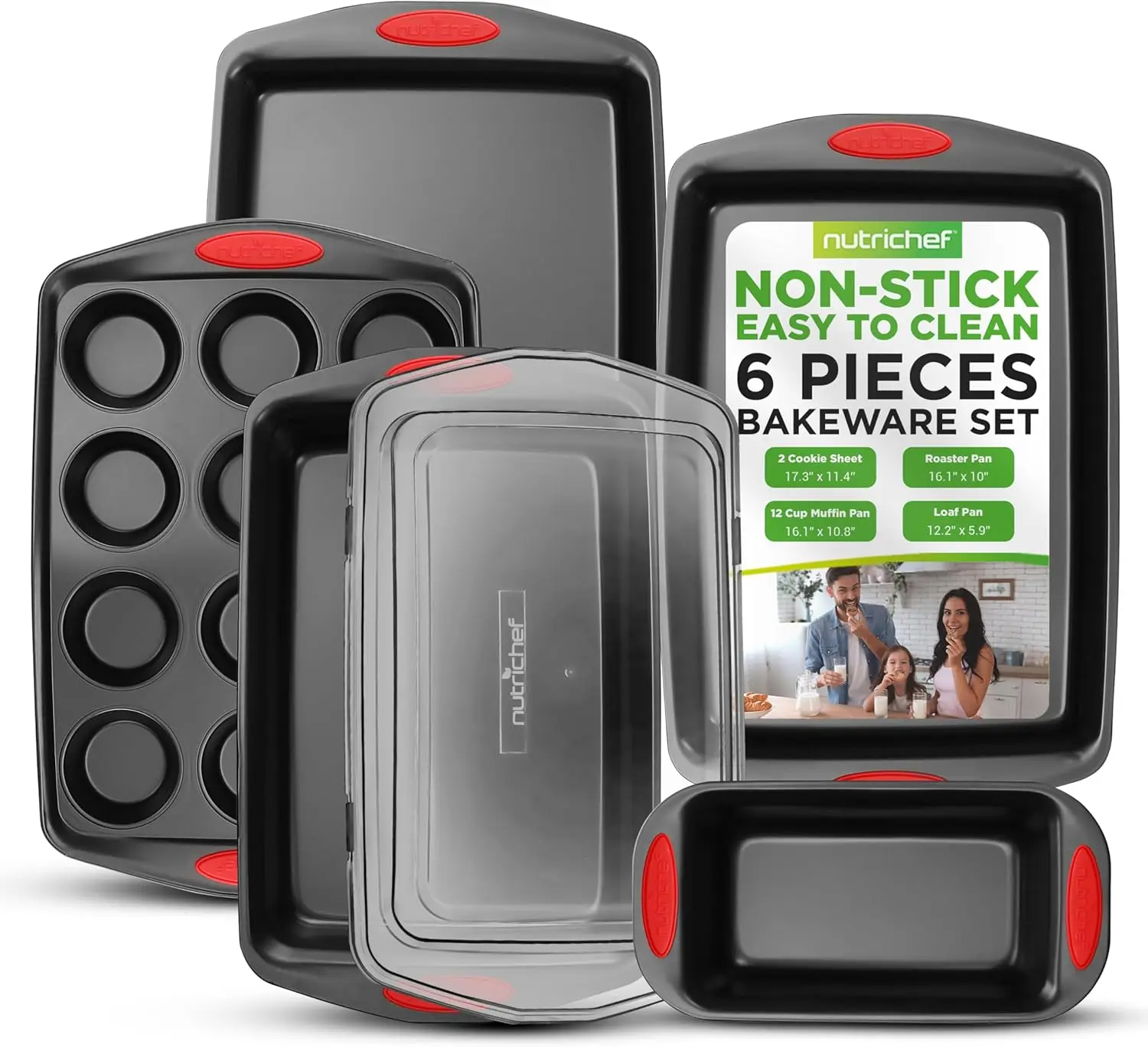 6-Piece Nonstick Baking Pan Set with Red Silicone Handles - Oven Safe to 446°F, Stackable Design
6-Piece Nonstick Baking Pan Set with Red Silicone Handles - Oven Safe to 446°F, Stackable Design