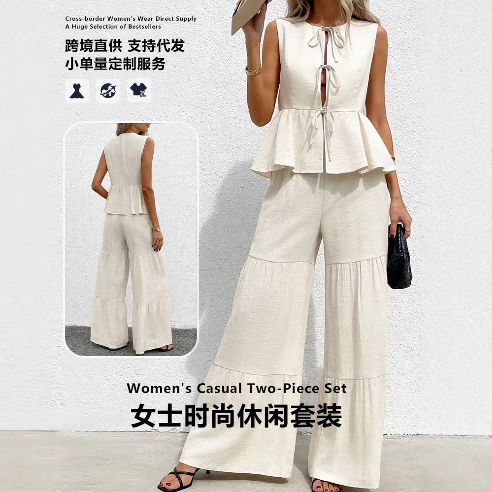 Women Sets Summer Casual Pants Sleeveless Top Tie Waist Solid Color Trousers Woven Wide Leg Pants Tiered Ruffle Hem 2 Piece Set
Women Sets Summer Casual Pants Sleeveless Top Tie Waist Solid Color Trousers Woven Wide Leg Pants Tiered Ruffle Hem 2 Piece Set