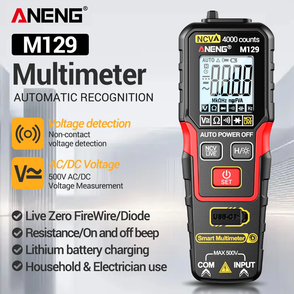 Smart Digital Multimeter Rechargeable Type-C ANENG M129 NCV 4000 Counts AC DC Voltage Resistance Professional Electrician Tester
Smart Digital Multimeter Rechargeable Type-C ANENG M129 NCV 4000 Counts AC DC Voltage Resistance Professional Electrician Tester