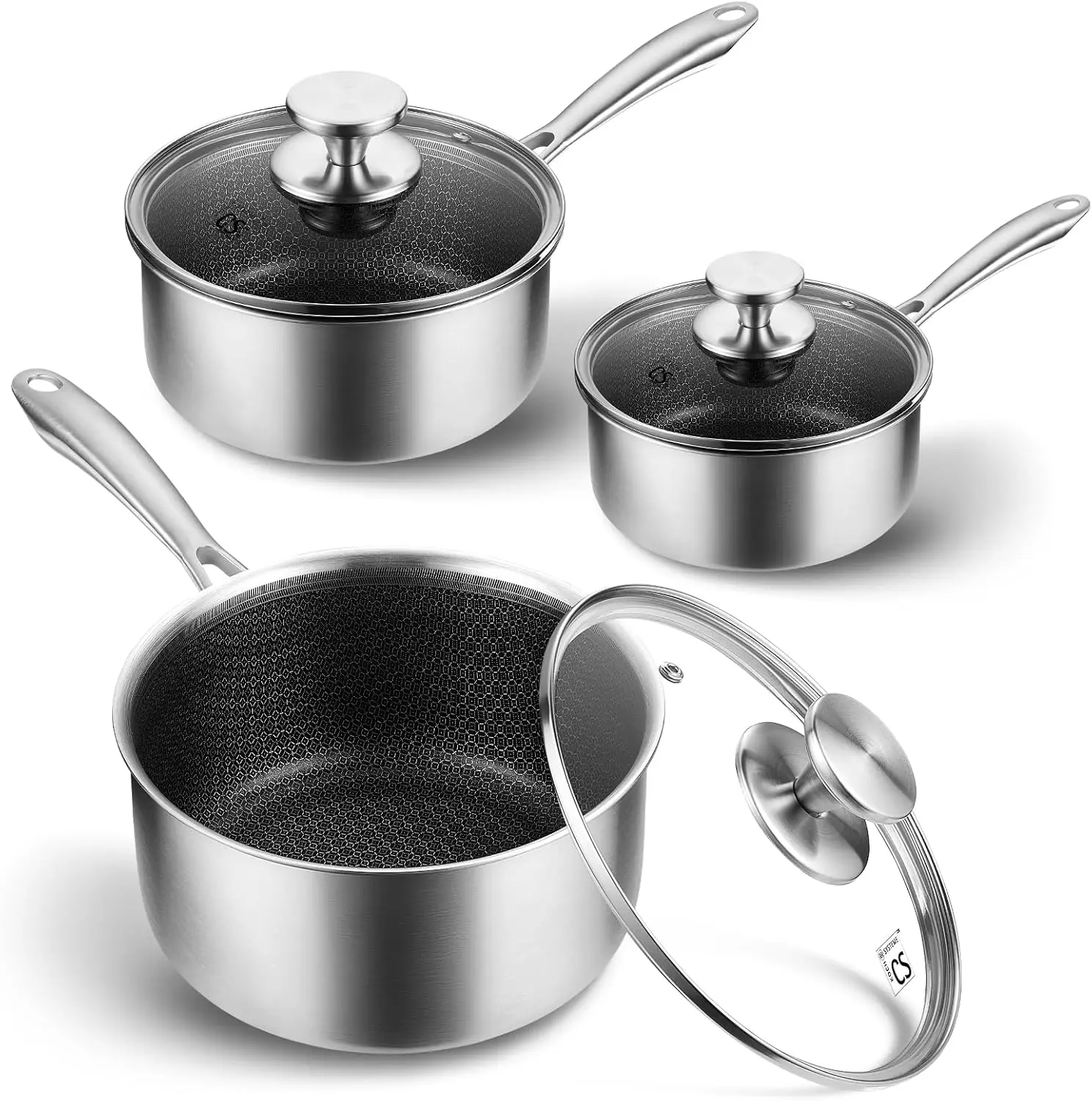 Hybrid Nonstick Stainless Steel Saucepan Set, 6-Piece Triply Stainless Steel Saucepan Set with Hybrid Honeycomb Interior, 1QT &
Hybrid Nonstick Stainless Steel Saucepan Set, 6-Piece Triply Stainless Steel Saucepan Set with Hybrid Honeycomb Interior, 1QT &
