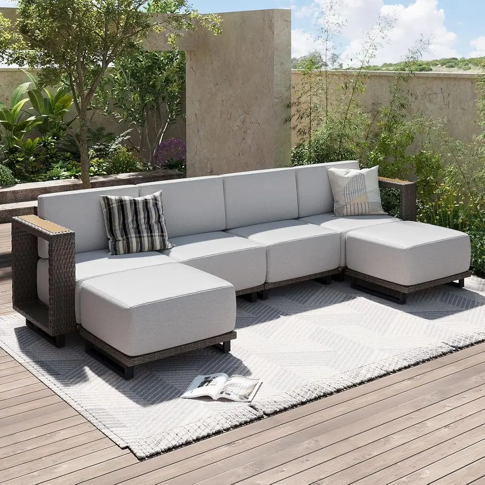 6-Piece Outdoor Wicker Sectional Sofa Set with 10 Thick Cushions for Backyard, Poolside, and Garden in Brown/Light Gray
6-Piece Outdoor Wicker Sectional Sofa Set with 10 Thick Cushions for Backyard, Poolside, and Garden in Brown/Light Gray