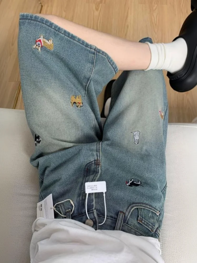 American Style Embroidered Dog Wide Leg Jeans Women's Summer New Low Waist Loose Straight Small Size Mid-Length Thin Jeans
American Style Embroidered Dog Wide Leg Jeans Women's Summer New Low Waist Loose Straight Small Size Mid-Length Thin Jeans