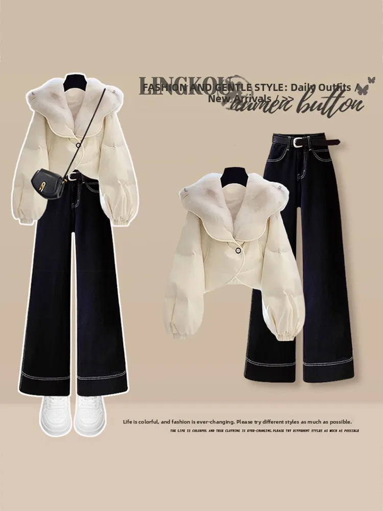 Stylish Short Quilted Jacket And Jeans Women's Autumn Winter Fashion Set High Collar Retro Slimming Two-Piece Suit for Ladies
Stylish Short Quilted Jacket And Jeans Women's Autumn Winter Fashion Set High Collar Retro Slimming Two-Piece Suit for Ladies