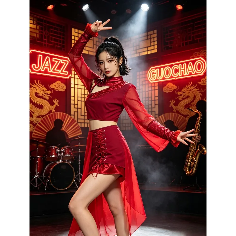 Chinese Guochao Jazz Dance Suit Red Hanfu Style Stage Performance Set XS-3XL Women Sexy Vintage Team Clothing Stage Show Costume
Chinese Guochao Jazz Dance Suit Red Hanfu Style Stage Performance Set XS-3XL Women Sexy Vintage Team Clothing Stage Show Costume