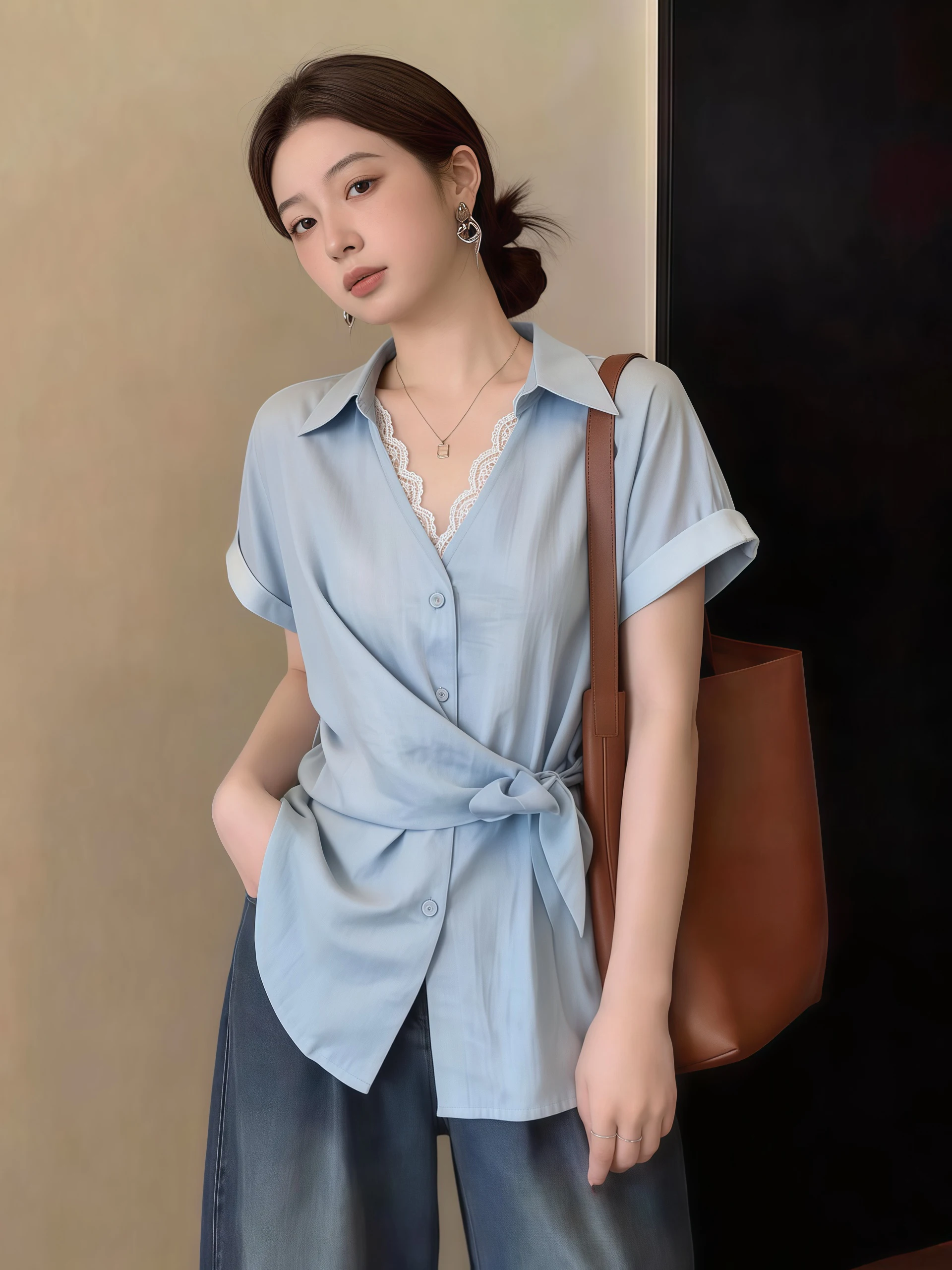 Light Blue Lace Trim V-Neck Short Sleeve Shirt Women's plus Size Belted Waist Top Korean Style Loose Fit Summer New Arrival
Light Blue Lace Trim V-Neck Short Sleeve Shirt Women's plus Size Belted Waist Top Korean Style Loose Fit Summer New Arrival