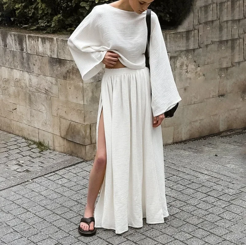 Elegant Crape 100% Cotton Muslin Skirts Sets Two Pieces Women Oversize Loose Tops + Split Skirt Streetwear Beach Outfits Suits
Elegant Crape 100% Cotton Muslin Skirts Sets Two Pieces Women Oversize Loose Tops + Split Skirt Streetwear Beach Outfits Suits