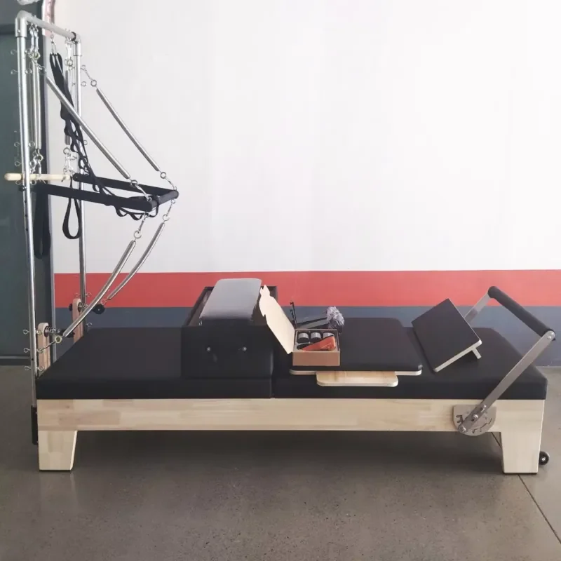 Wood Pilates Reformer With Tower, Twin Mats Version with Sitting Box Jump Board Double Loop Straps
Wood Pilates Reformer With Tower, Twin Mats Version with Sitting Box Jump Board Double Loop Straps