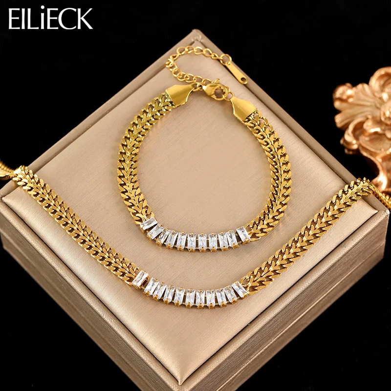 EILIECK 316L Stainless Steel Metal White Zircon Chain Neckalce Bracelet Set For Women Trendy Gold Color Waterproof Jewelry Gift
EILIECK 316L Stainless Steel Metal White Zircon Chain Neckalce Bracelet Set For Women Trendy Gold Color Waterproof Jewelry Gift
