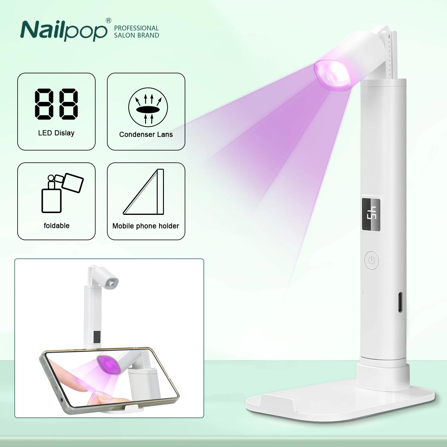 Foldable UV LED Nail Dryer with Silicone Stamps and Stand Portable for Gel Polish Manicure Nail Art Design Home Salon Travel Use
Foldable UV LED Nail Dryer with Silicone Stamps and Stand Portable for Gel Polish Manicure Nail Art Design Home Salon Travel Use