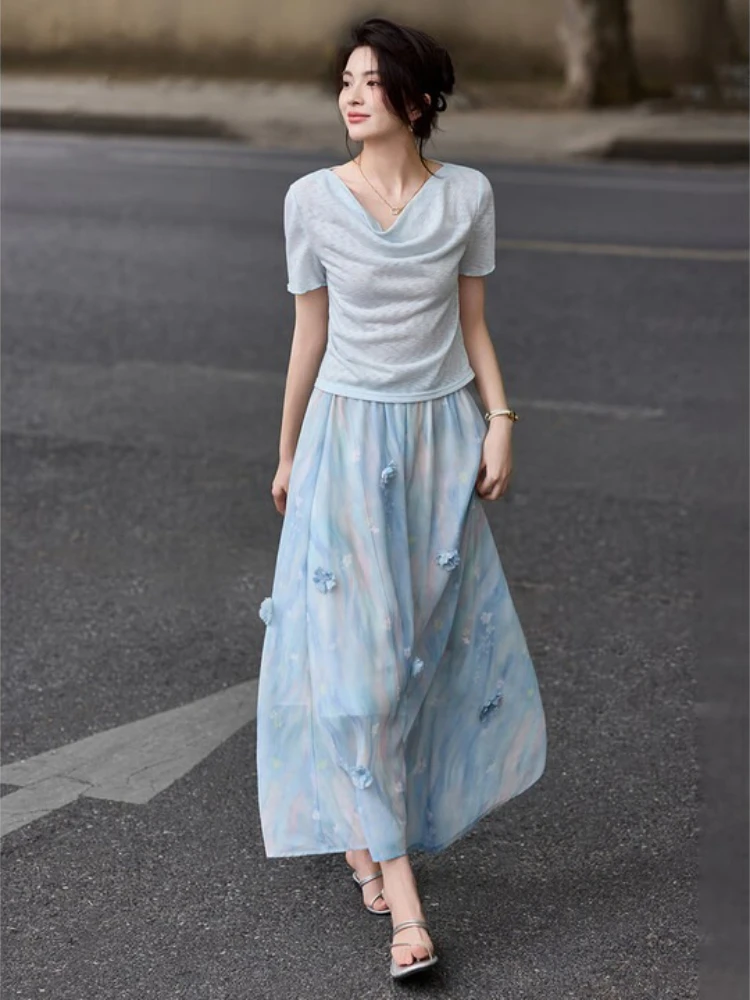 SENTUBILA Skirt Set 2 Piece Woman Elegant Blue Swing Collar Tops Smudge Print 3d Floral Long Skirt Sets Ladies Suits Q52ZA2495
SENTUBILA Skirt Set 2 Piece Woman Elegant Blue Swing Collar Tops Smudge Print 3d Floral Long Skirt Sets Ladies Suits Q52ZA2495