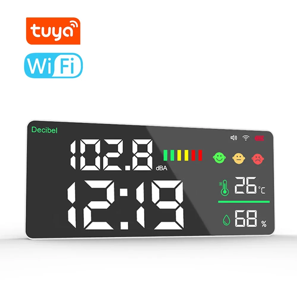 Цифровой измеритель уровня звука Tuya WiFi 4-в-1 с 11-дюймовым цветным LED-дисплеем, управлением через приложение, измерением температуры и влажности, тестом уровня децибел и будильником
Цифровой измеритель уровня звука Tuya WiFi 4-в-1 с 11-дюймовым цветным LED-дисплеем, управлением через приложение, измерением температуры и влажности, тестом уровня децибел и будильником