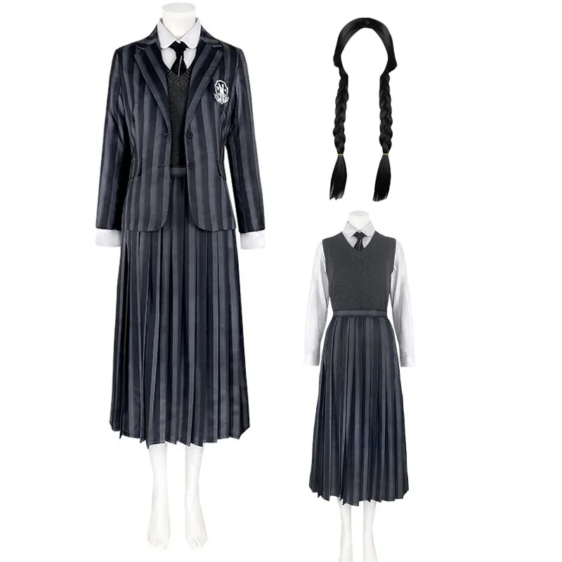 Wednesday Cosplay Costume Schoolgirl Disguise College School Uniforms Wig Striped Vest Shirt Coat Suit Halloween Party Role Play
Wednesday Cosplay Costume Schoolgirl Disguise College School Uniforms Wig Striped Vest Shirt Coat Suit Halloween Party Role Play