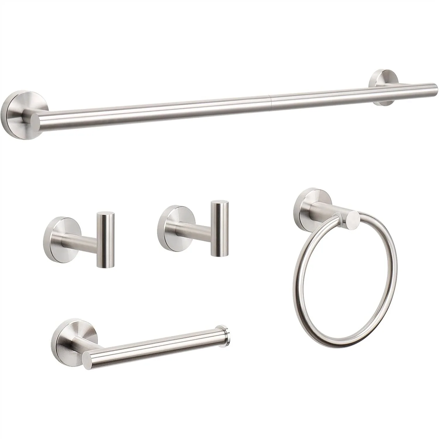 5 Pieces Bathroom Hardware Set SUS304 Stainless Steel Towel Rack Kit with 24" Towel Rod, Ring, Toilet Paper Holder & 2 Hooks
5 Pieces Bathroom Hardware Set SUS304 Stainless Steel Towel Rack Kit with 24" Towel Rod, Ring, Toilet Paper Holder & 2 Hooks
