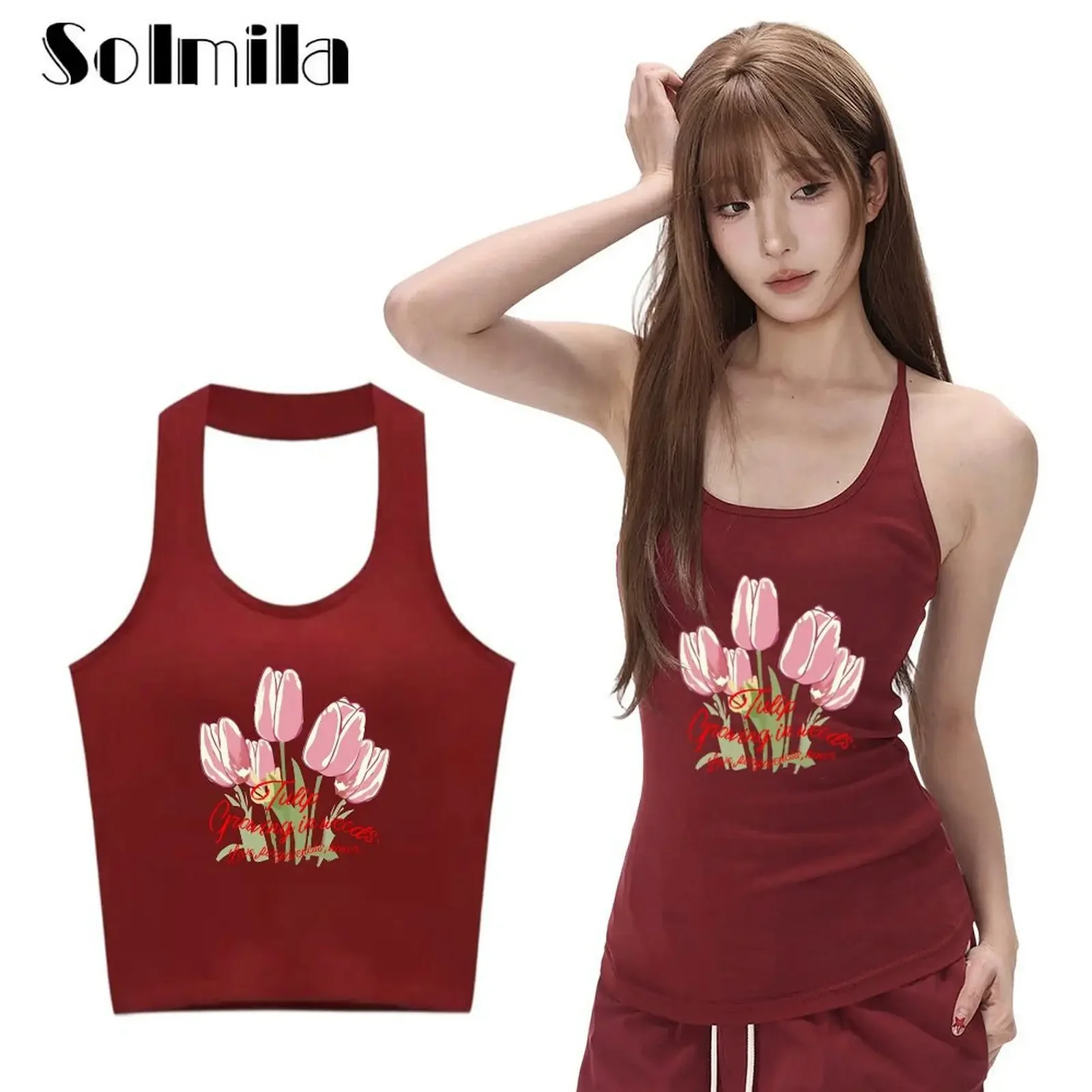 Women Summer Solid Color Sleeveless Floral Print Halterneck Fashion Casual Ladies Vest Soft Stretch Trendy Design Top Classic
Women Summer Solid Color Sleeveless Floral Print Halterneck Fashion Casual Ladies Vest Soft Stretch Trendy Design Top Classic