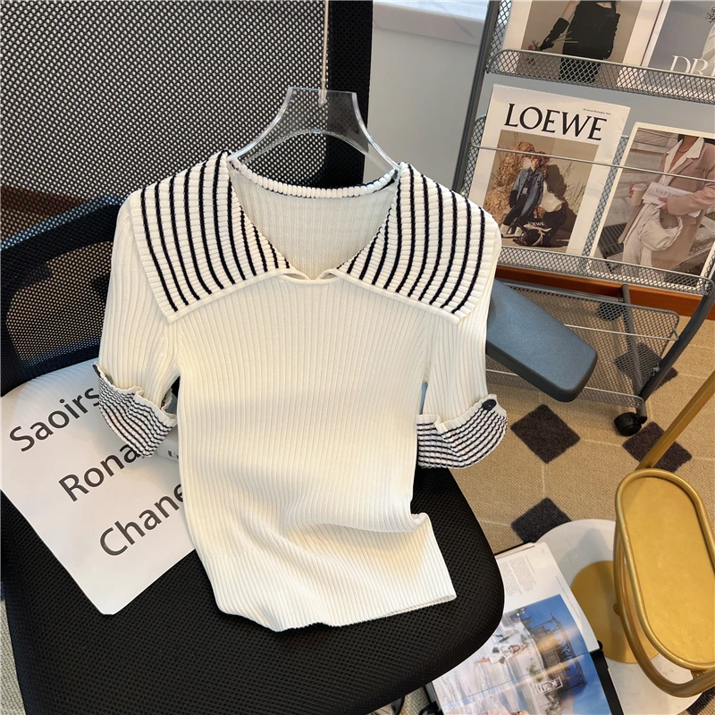 Summer Thin Striped Sweater T-shirts Women Short Sleeve Knitted Pullover Tshirt Fashion Knitwear Top Elegant Chic Ladies Jumpers
Summer Thin Striped Sweater T-shirts Women Short Sleeve Knitted Pullover Tshirt Fashion Knitwear Top Elegant Chic Ladies Jumpers