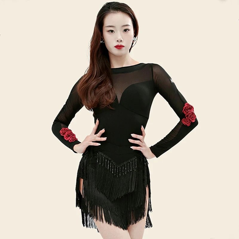 Latin Dance Clothes Women Flower Long Sleeves Tops Fringe Skirt Rumba Cha Cha Dance Performance Practice Black Dress DNV22291
Latin Dance Clothes Women Flower Long Sleeves Tops Fringe Skirt Rumba Cha Cha Dance Performance Practice Black Dress DNV22291