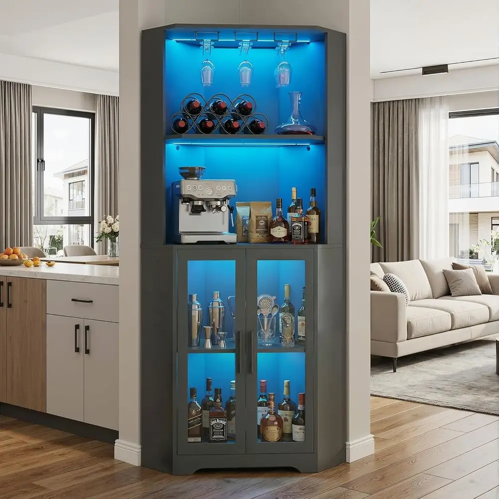 65 Tall LED-Lit Bar Cabinet with Tempered Glass Door and Glass Holder, 4-Tier Storage for Liquor and Alcohol, Ideal for Home Din
65 Tall LED-Lit Bar Cabinet with Tempered Glass Door and Glass Holder, 4-Tier Storage for Liquor and Alcohol, Ideal for Home Din