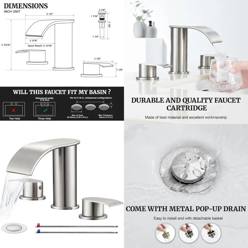 8 Widespread 2-Handle Brushed Nickel Bathroom Faucet with Waterfall Spout, Metal Pop-Up Drain and 2 Hoses for Vanity Sink
8 Widespread 2-Handle Brushed Nickel Bathroom Faucet with Waterfall Spout, Metal Pop-Up Drain and 2 Hoses for Vanity Sink