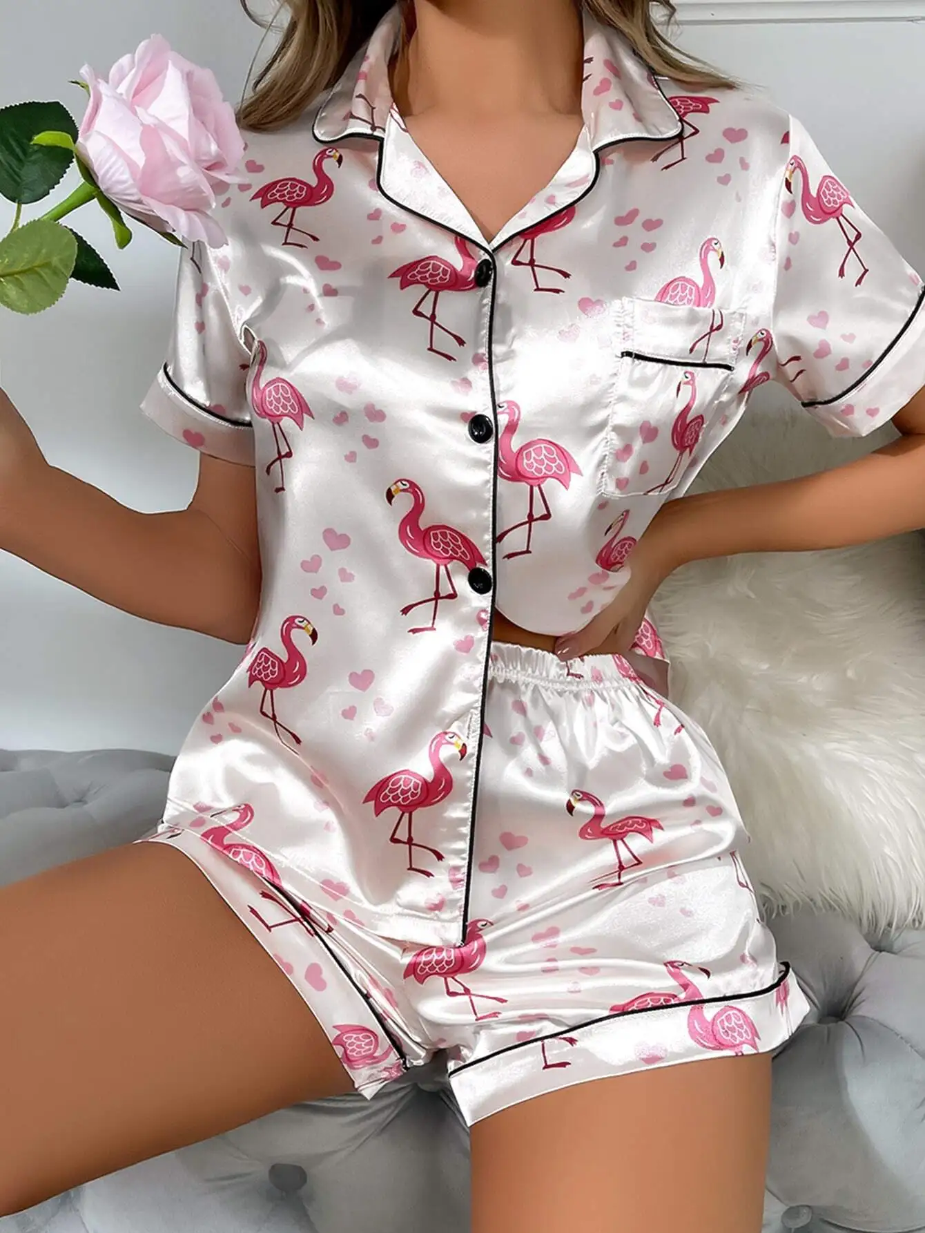 Pink Flamingo & Heart Print Satin Pajama Set with Contrast Piping
Pink Flamingo & Heart Print Satin Pajama Set with Contrast Piping