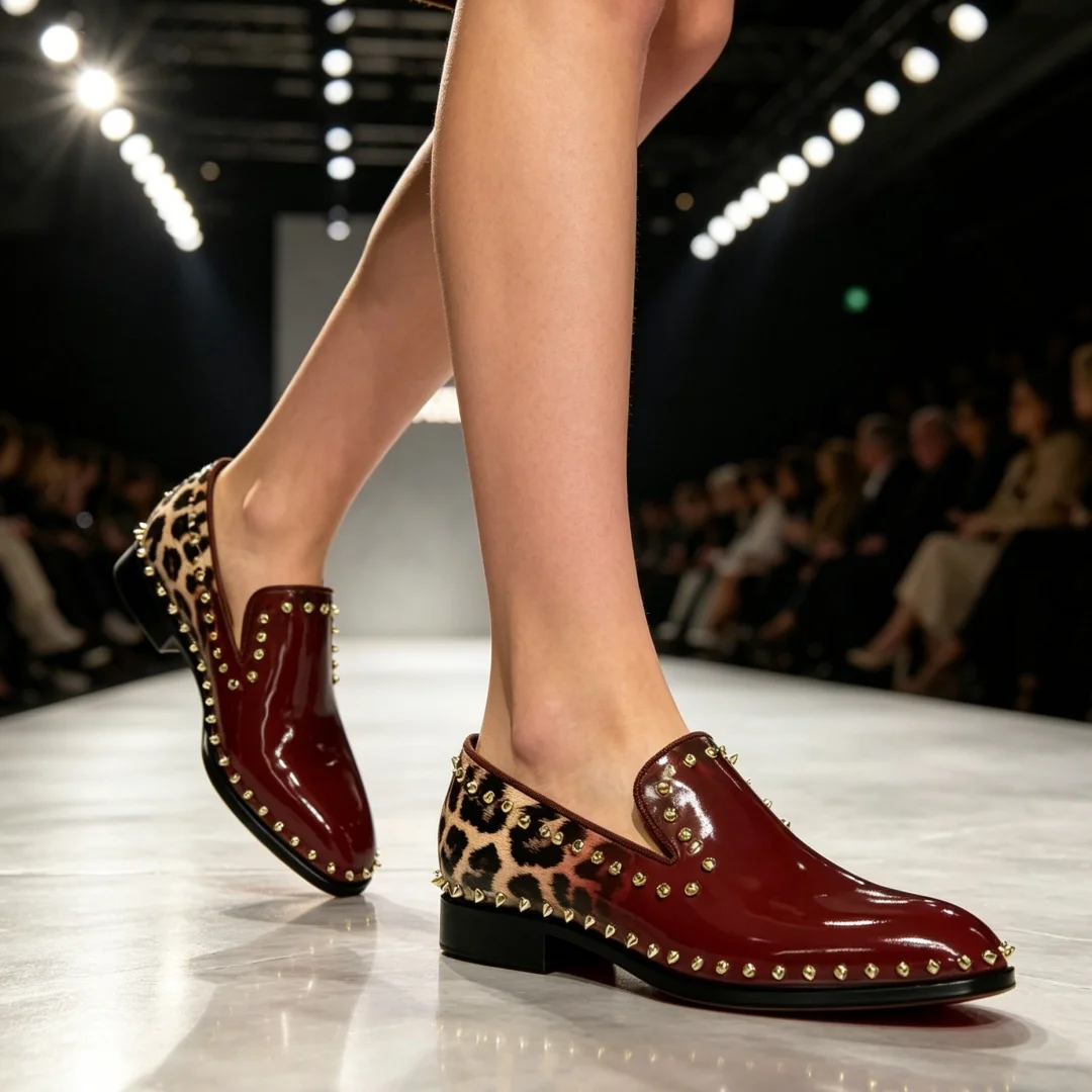 Fashion Designer Style Full Gold Rivets Patent Leather Leopard Men's Loafers Square Toe Slip On Burgundy Wine Red Business Shoes
Fashion Designer Style Full Gold Rivets Patent Leather Leopard Men's Loafers Square Toe Slip On Burgundy Wine Red Business Shoes
