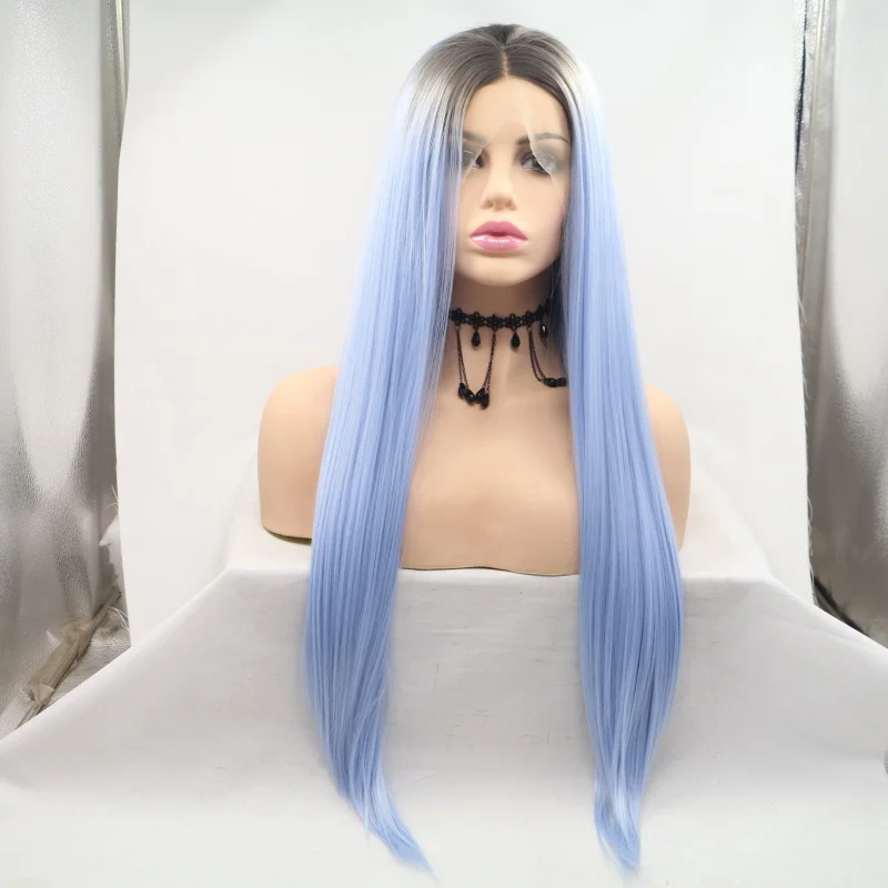 Gradient blue hand-woven front lace wig, high-temperature fiber, comfortable rose net full cap
Gradient blue hand-woven front lace wig, high-temperature fiber, comfortable rose net full cap