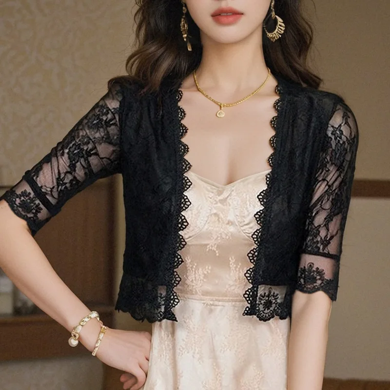 Women Black Lace Shrug Short Cardigan Elegant 3/4 Sleeve Sheer Mesh Cropped Top Bolero Summer Open Stitch Cover Up Shawl Coat
Women Black Lace Shrug Short Cardigan Elegant 3/4 Sleeve Sheer Mesh Cropped Top Bolero Summer Open Stitch Cover Up Shawl Coat