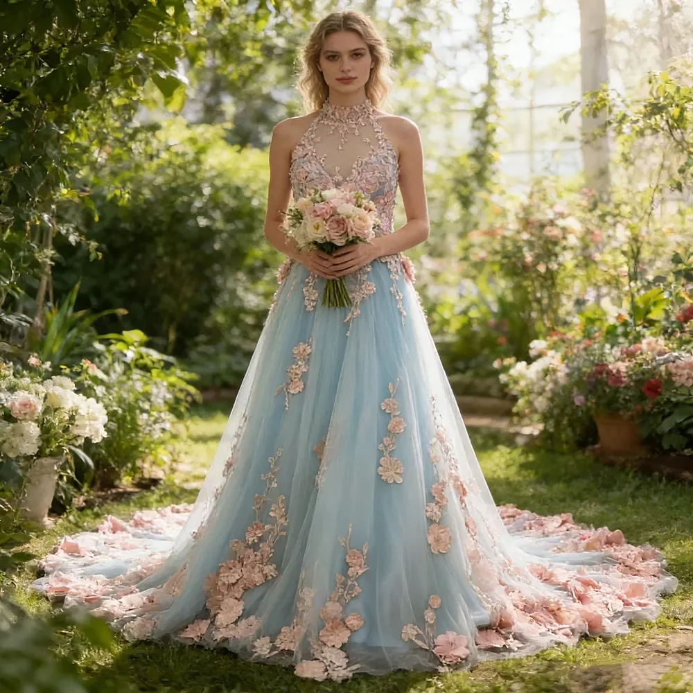 Spring Garden A-Line Wedding Dresses With Pink Floral Lace Appliqued Halter Backless Sleeveless Long Tulle Romantic Bridal Gowns
Spring Garden A-Line Wedding Dresses With Pink Floral Lace Appliqued Halter Backless Sleeveless Long Tulle Romantic Bridal Gowns