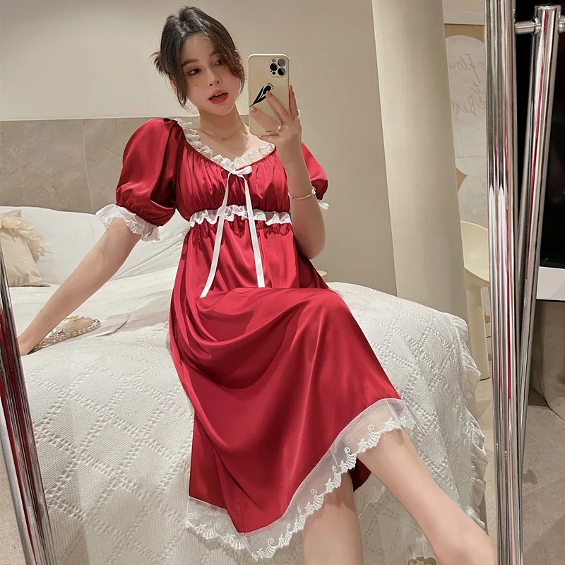 Women's Summer Satin Nightgowns Solid Short Sleeve Ladies Nightdress Silk Like Lace V Neck Korea Style Home Wear for Female
Women's Summer Satin Nightgowns Solid Short Sleeve Ladies Nightdress Silk Like Lace V Neck Korea Style Home Wear for Female