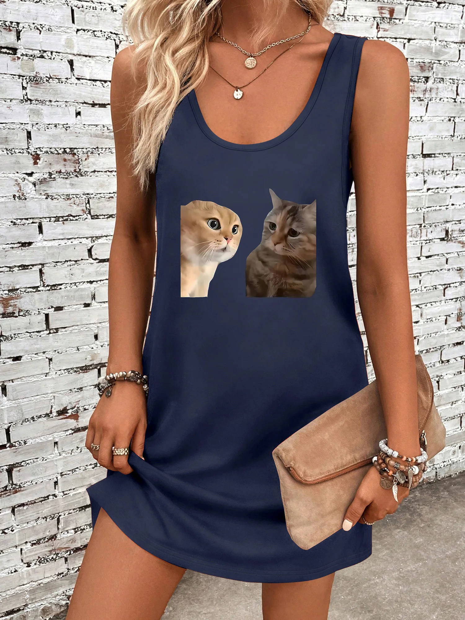 Cute Cat Print Sleeveless Dress, Women's Casual Crew Neck Tank Mini Dress, Loose Fit Pet Graphic Tunic for Cat Lovers
Cute Cat Print Sleeveless Dress, Women's Casual Crew Neck Tank Mini Dress, Loose Fit Pet Graphic Tunic for Cat Lovers