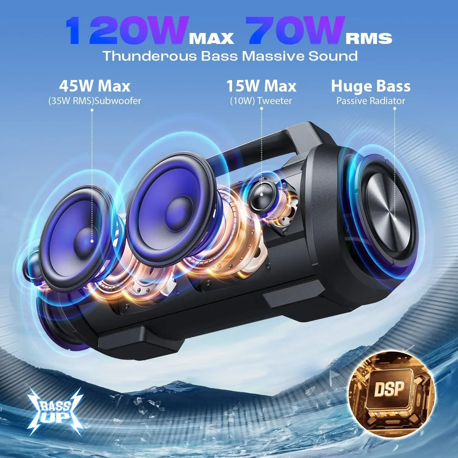 Portable Speakers Bluetooth Wireless, 120W Max Loudest Bluetooth Speaker, IPX6 Waterproof Outdoor Speaker with 70W Deep Bass
Portable Speakers Bluetooth Wireless, 120W Max Loudest Bluetooth Speaker, IPX6 Waterproof Outdoor Speaker with 70W Deep Bass