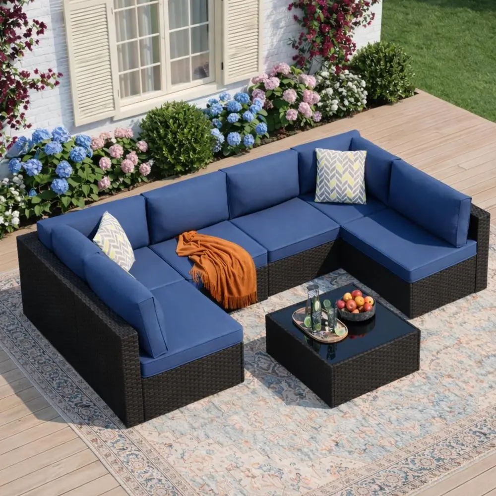Outdoor Patio Furniture Set, Modular PE Rattan Sectional Sofa with Thick Cushions amp Glass Coffee Table, WeatherResistant Wick