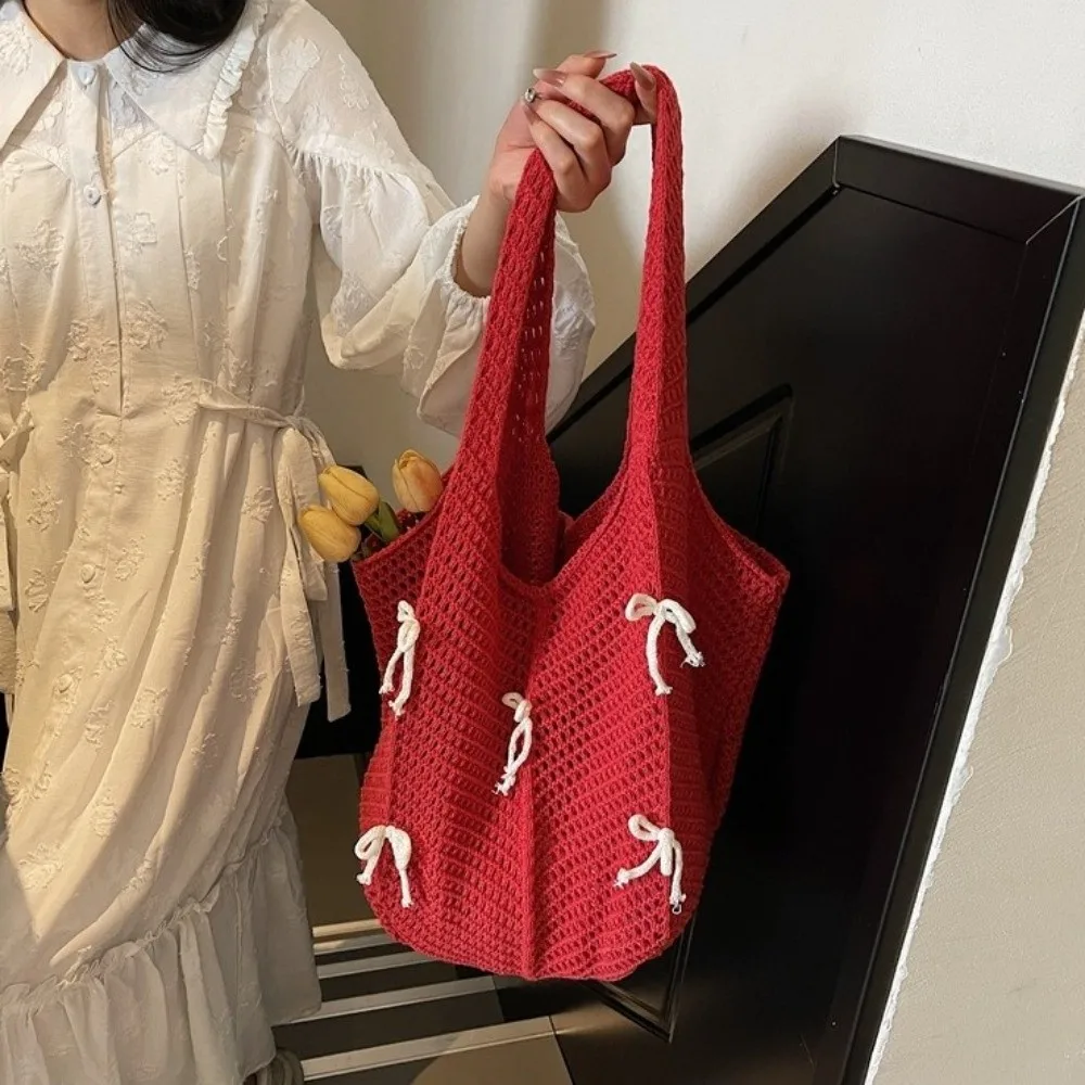 Sweet Bow Knitted Shoulder Bag Leisure Bohemian Weave Handbag Bowknot Hollow Crochet Tote Bag Vacation
Sweet Bow Knitted Shoulder Bag Leisure Bohemian Weave Handbag Bowknot Hollow Crochet Tote Bag Vacation