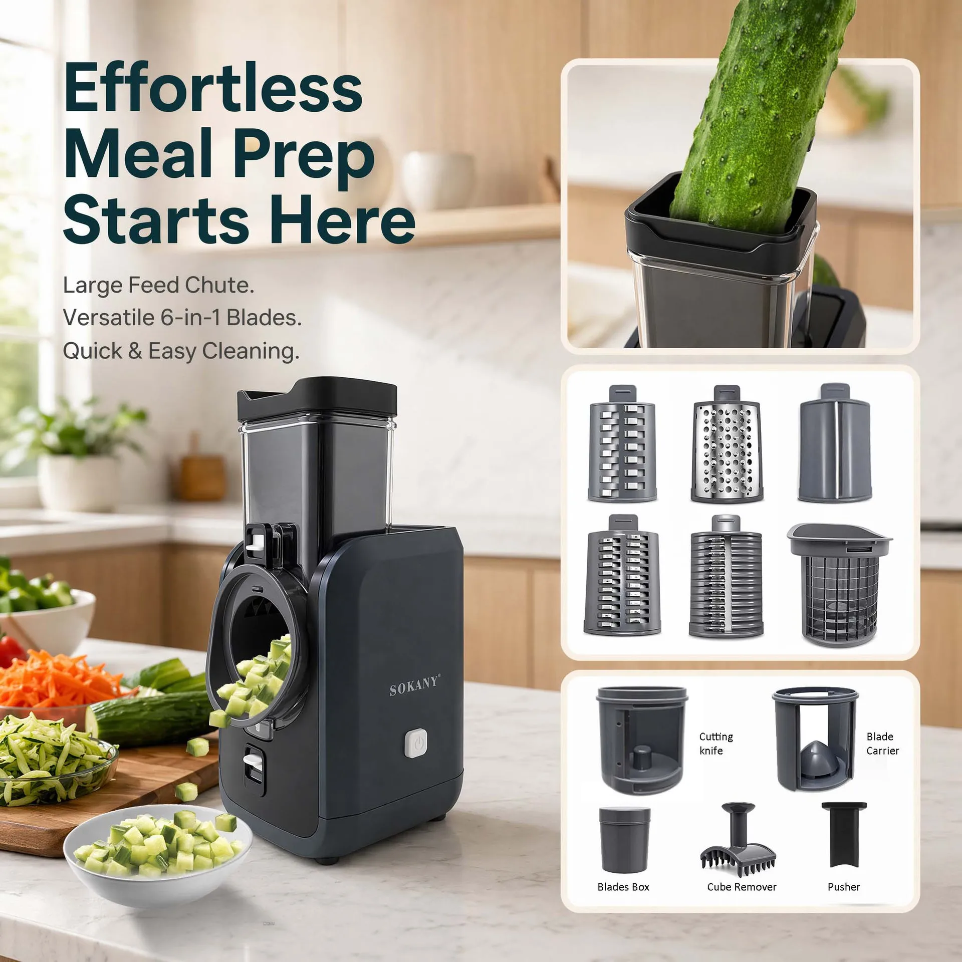 Cross-border 6-in-1 electric vegetable cutter, drum-type dicer, shredder, slicer, salad machine, detachable and easy to clean
Cross-border 6-in-1 electric vegetable cutter, drum-type dicer, shredder, slicer, salad machine, detachable and easy to clean